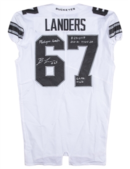 2017 Robert Landers Game Used Signed & Inscribed Ohio State Buckeyes Alternate White Football Jersey From 11/25/17 (MEARS A10 & JSA)